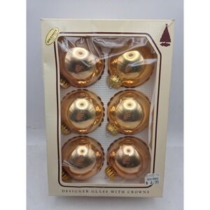 6 Vintage Christmas by Krebs Pink Glass Ball Ornaments Bright Gold Bulbs W/ BoxB
